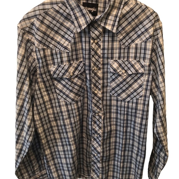 VTG 90’s Wrangler Western Pearl Snap Check Plaid Shirt Sz. L Blue White Rodeo - Picture 4 of 9